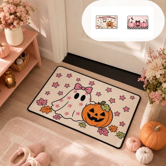 Yeciiwht Cute Girly Halloween Entry Mat – 15.75x23.62in Pink Pumpkin Ghost Decorative Doormat, Washable Indoor Floor Rug with Non-Slip Backing