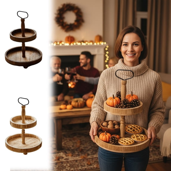 Yeciiwht Decorative 2 Tier Wooden Serving Tray with Handle Cupcake Stand for Dessert Fruit Snack Kitchen or Party Display 13x18 Inches