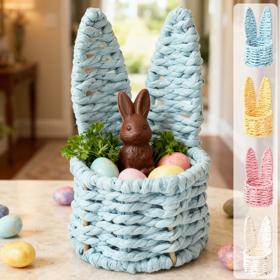 Yeciiwht Easter Basket Hand Woven Rabbits Ears Mini Storage Basket Gift Bags, Easter Egg Basket Desktop Multicolor Creatives Small Storage Basket for Festival Decor