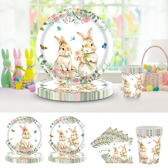 Yeciiwht Easter Theme Party Tableware Set Plates Cups Napkins Disposable Bunny & Egg Themed Tableware Spring Flower Bunny Disposable Party Supplies