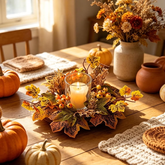 Yeciiwht Fall Candle Rings, Thanksgiving Berry & Maple Leaf Candle Rings, Fall Wreath for Pillar Candle Thanksgiving Table Centerpiece Decor