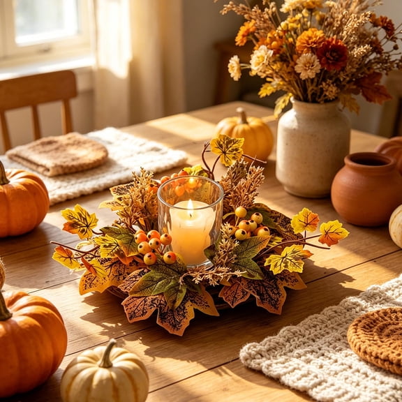 Yeciiwht Fall Candle Rings, Thanksgiving Berry & Maple Leaf Candle Rings, Fall Wreath for Pillar Candle Thanksgiving Table Centerpiece Decor