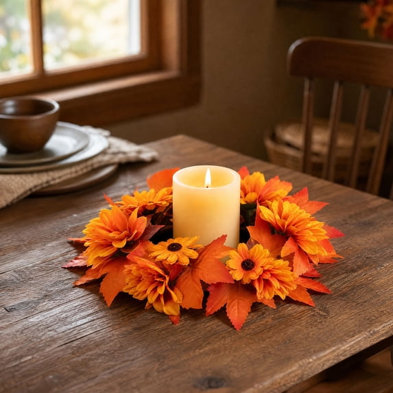 Yeciiwht Fall Candle Rings, Thanksgiving Candle Rings with Artificial Sunflower Maple Leaves, Fall Wreath for Pillar Candles Centerpiece Table Decor