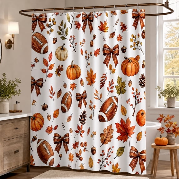 Yeciiwht Fall Thanksgiving Shower Curtain 71x59 in, Autumn Maple Leaf Rugby Bow Print Waterproof Bathroom Decor with Hooks for Home
