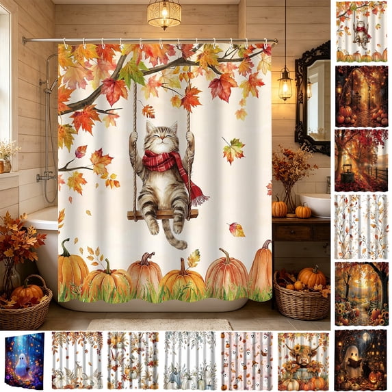 Yeciiwht Fall Thanksgiving Shower Curtain 47x71 in, Cat Pumpkin Maple Leaf Print Waterproof Bathroom Decor with 12 Hooks for Home Holiday Decor S