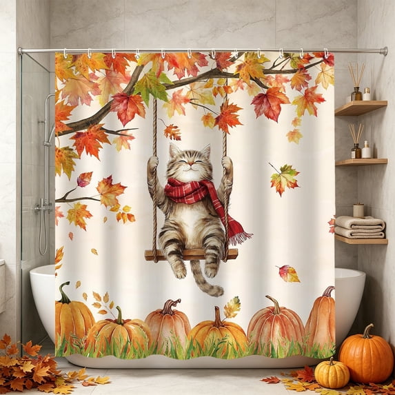 Yeciiwht Fall Thanksgiving Shower Curtain 71x71 in, Cat Pumpkin Maple Leaf Print Waterproof Bathroom Decor with 12 Hooks for Home Holiday Decor L