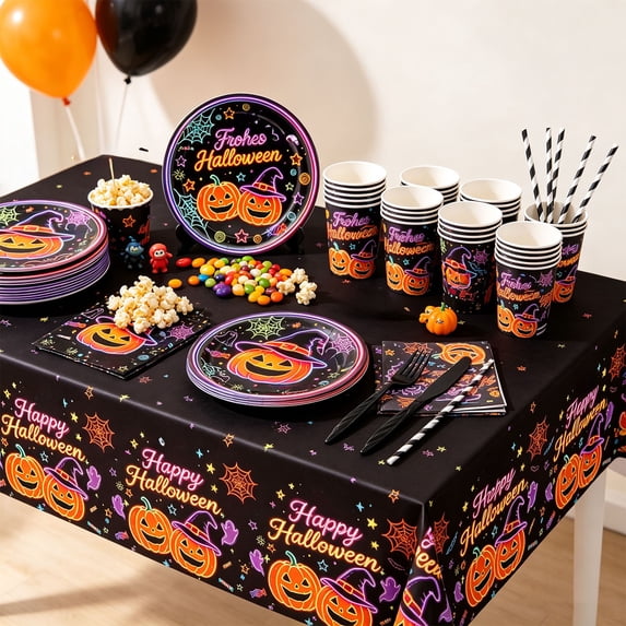 Yeciiwht Halloween Party Tableware Set for 10 Guests – Disposable Paper Plates, Cups, Napkins & Cutlery, Festive Holiday Decor Supplies for Themed Parties