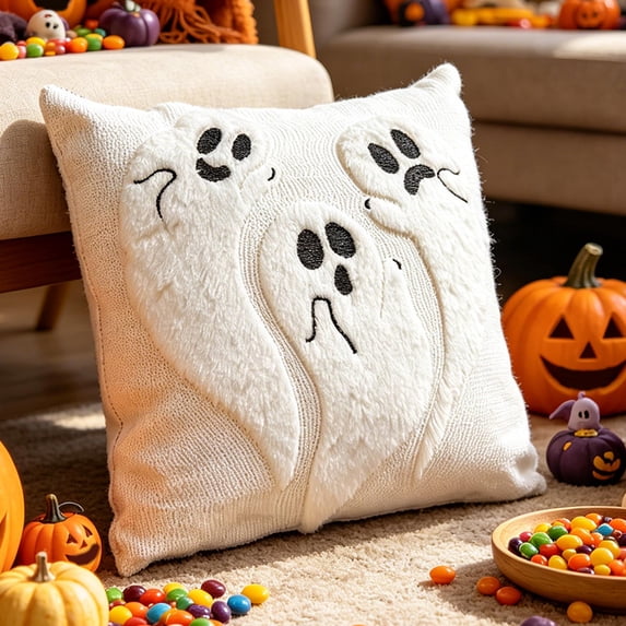 Yeciiwht Halloween Throw Pillow Cover – 16*16inch Embroidered Linen Cushion Pillow Case with Halloween Themd Designs, Invisible Zipper, Machine Washable