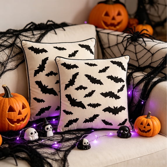 Yeciiwht Halloween Throw Pillow Cover – 18*18inch Embroidered Linen Cushion Case with Ghost, Mummy & Bat Designs, Invisible Zipper, Machine Washable