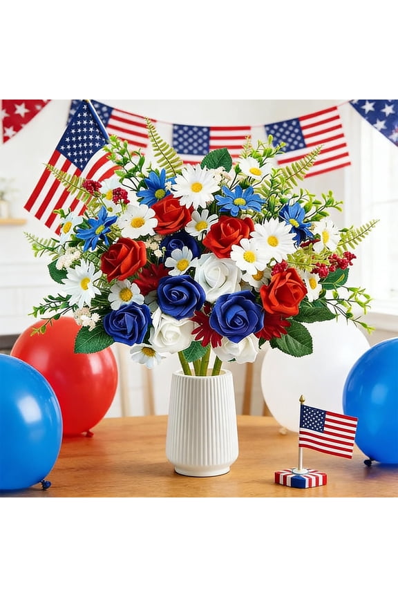 Independence Day Artificial Flower – Red White Blue Faux Patriotic Floral Arrangement for Tabletop or Photography Prop