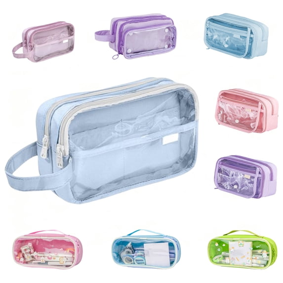 PYURTEP Large Capacity Pencil Case, Clear Portable Pencil Pouch, Cute Double-layer Zipper Pouch for Office Exam Home Use