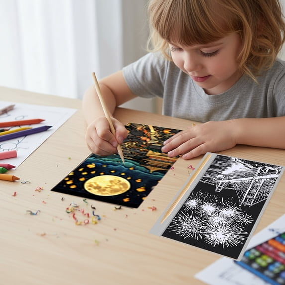 Yeciiwht Scratch Art Scratchboard Crafts 12 Sheets Scratch Paper with 1 Tool, Raindow Scratch Paper Colorful Engraving Painting Scenario Set
