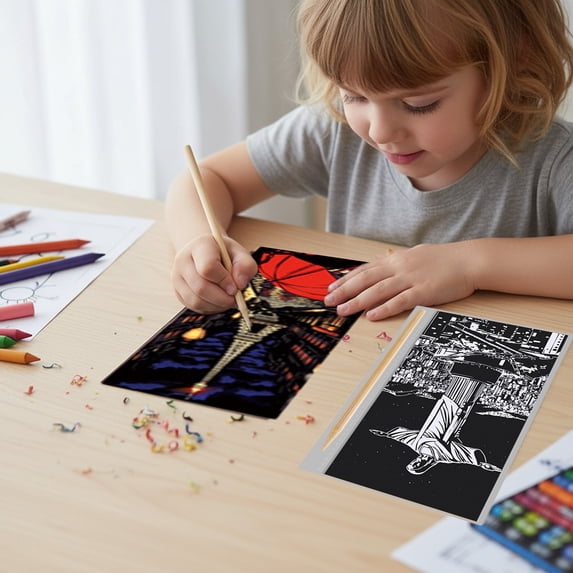 Yeciiwht Scratch Art Scratchboard Crafts 12 Sheets Scratch Paper with 1 Tool, Raindow Scratch Paper Colorful Engraving Painting Scenario Set