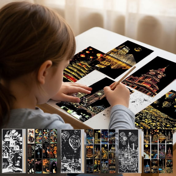 Yeciiwht Scratch Art Scratchboard Crafts 12 Sheets Scratch Paper with 1 Tool, Raindow Scratch Paper Colorful Engraving Painting Scenario Set