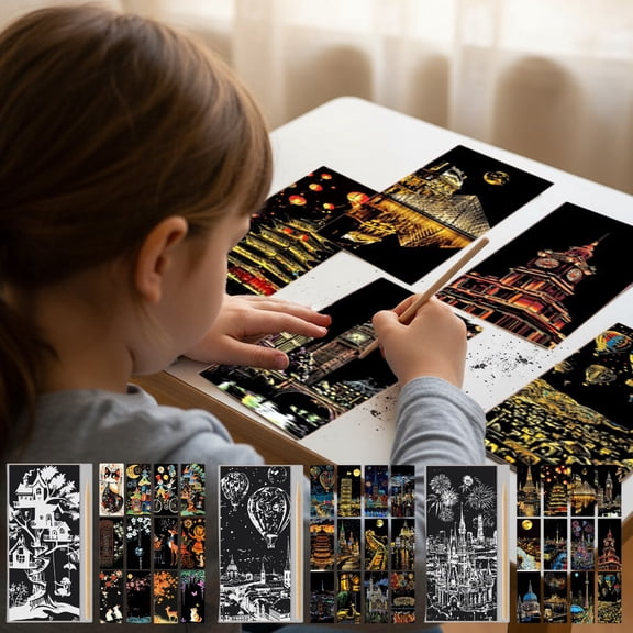 Yeciiwht Scratch Art Scratchboard Crafts 12 Sheets Scratch Paper with 1 Tool, Raindow Scratch Paper Colorful Engraving Painting Scenario Set