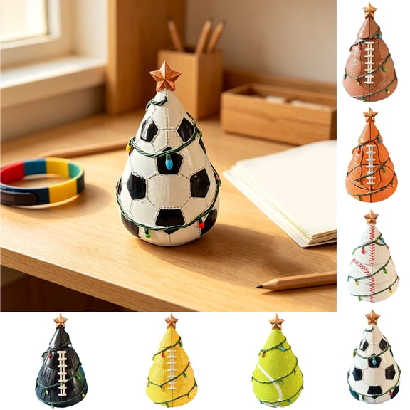 Yeciiwht Sport Ball Themed Mini Christmas Tree, Resin Small Christmas Tree Figurine with Ball Texture, Christmas Decoration for Game Room Holiday Gift