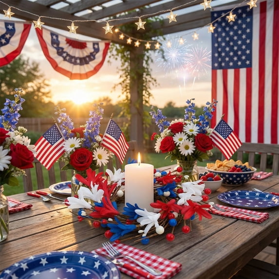 Yeciiwht All kinds of Independence Day decorations-Independence Day Candle Wreath Ring – Artificial Red Heart and Berry, Patriotic Centerpiece for 4th of July Tabletop or Door Decor