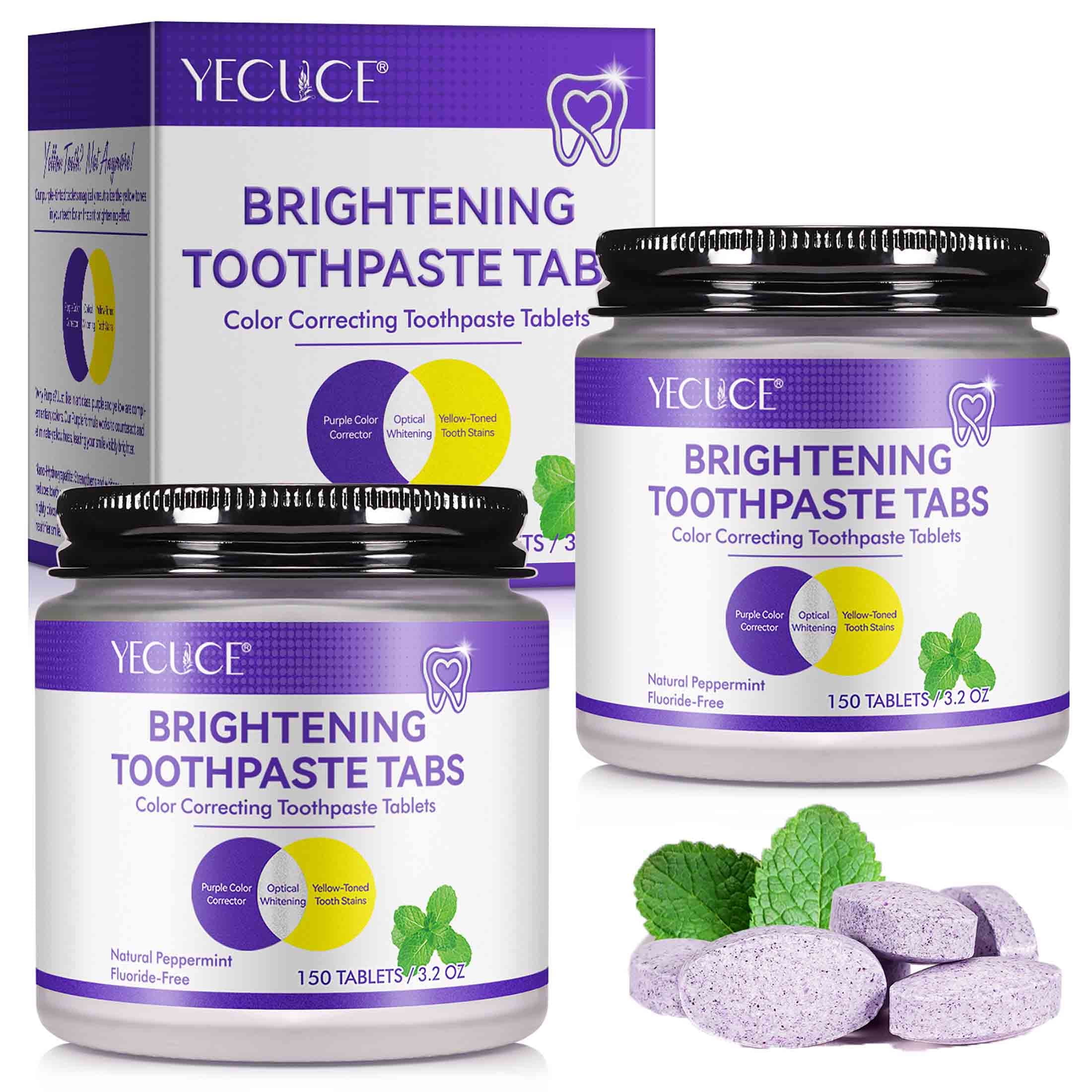 Yecuce 2-Pack Purple Brightening Toothpaste Tablet,Natural Peppermint, Fresh Breath