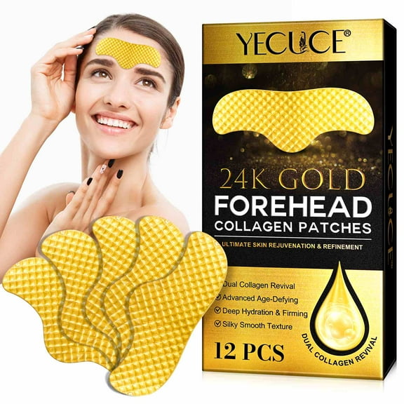 Yecuce 24k Forehead Wrinkle Patches, Collagen Lines Mask with Collagen Boosting Elasticity for Women and Men,12PCS