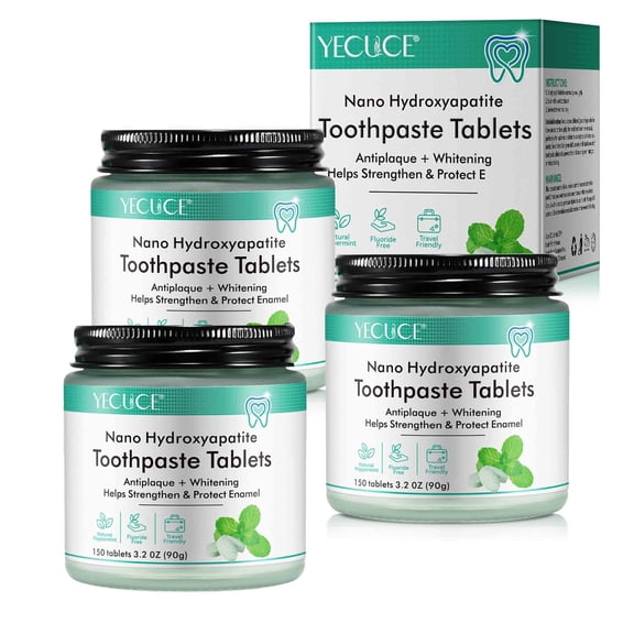 Yecuce 3-Pack Toothpates Tablet ,Nano Hydroxyapatite Toothpaste,Fresh Breath, Glass Jar ,Travel Toothpaste Tabs