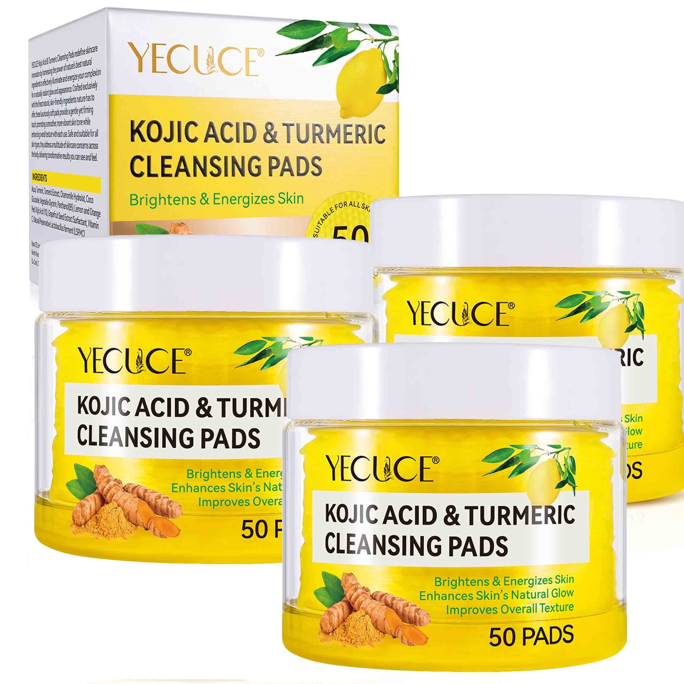 Yecuce 3-Pack Turmeric Kojic Acid Cleansing Pads -Cleansing & Hydrating Facial Pads, Facial Cleansing for All Skin Type