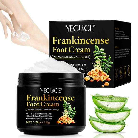 Yecuce Foot Cream with Frankincense Oil, Softens & Moisturizes Skin, Deep Hydration, Fight Soreness and Stiffness in Tired Feet, With Aloe Vera Gel & Pure Peppermint Oil, 5.29 oz