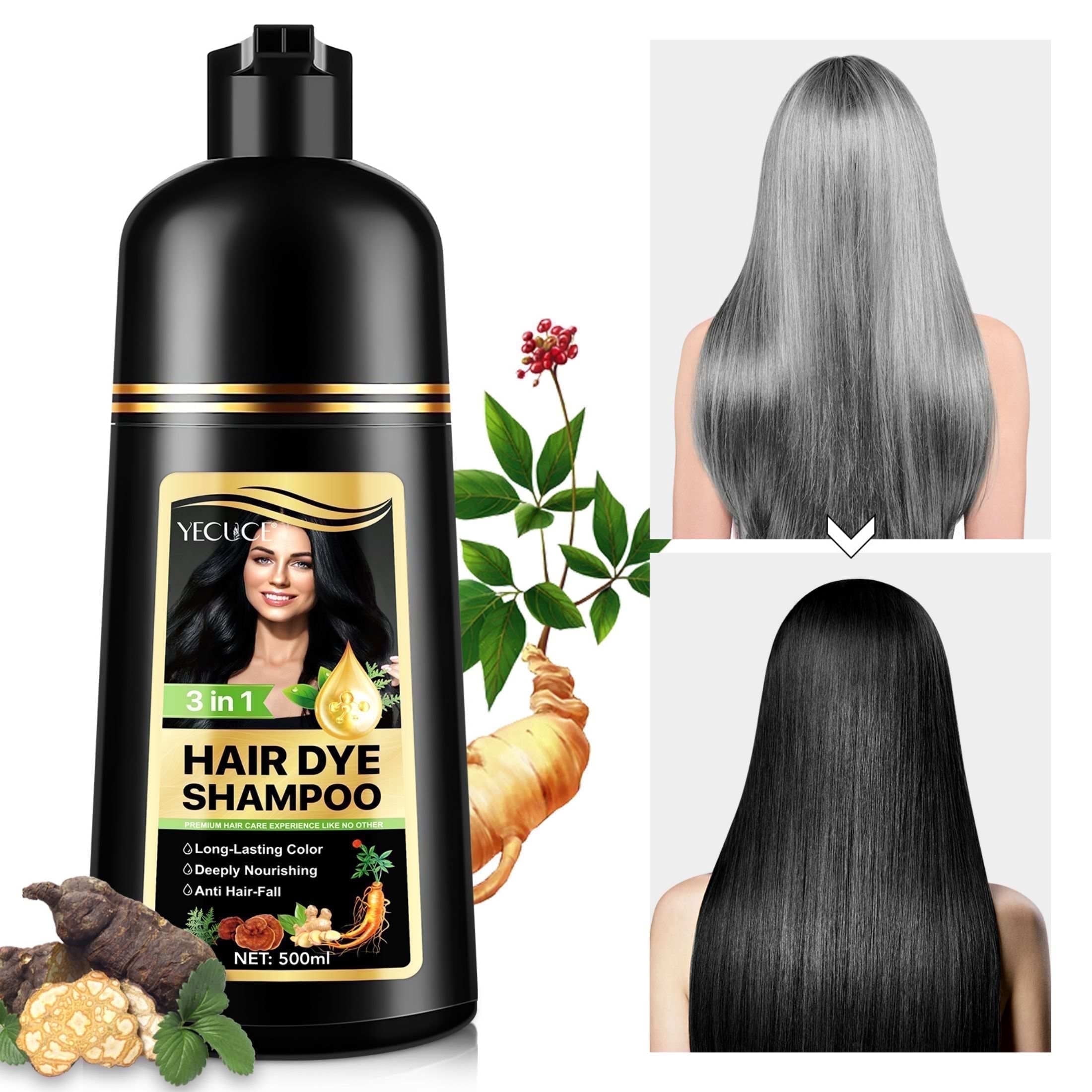 Yecuce, Hair Dye Shampoo, Natural Plant, Moisturizing, 500ml