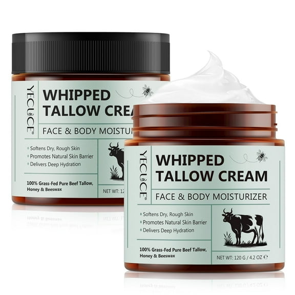 Yecuce Whipped Beef Tallow for Skin, Deeply Moisturizes Face & Body, 4.2 oz (2Pack)
