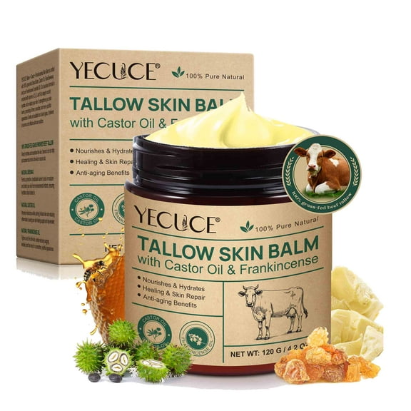 Yecuece Tallow + Castor + Frankincense Skin Balm, 100% Pure Natural Deeply Nourishes & Hydrates, for Face, Body, for All Skin Types, 4oz