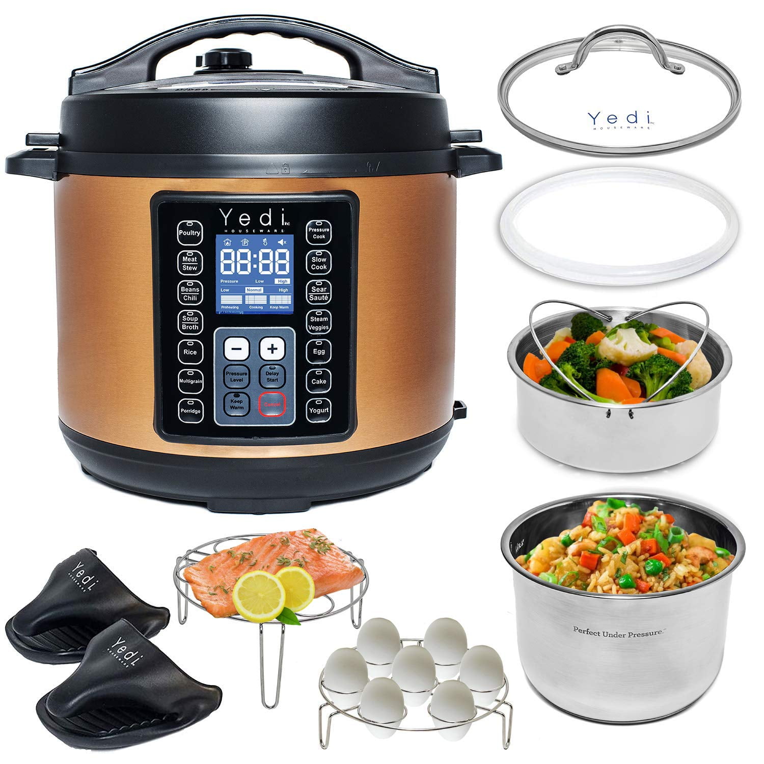  Yedi HOUSEWARE 9-in-1 Total Package Instant Programmable Pressure  Cooker, 6 Quart, Deluxe Accessory kit, Recipes, Pressure Cook, Slow Cook,  Rice Cooker, Yogurt Maker, Egg Cook, Sauté, Steamer, Stainless Steel: Home 