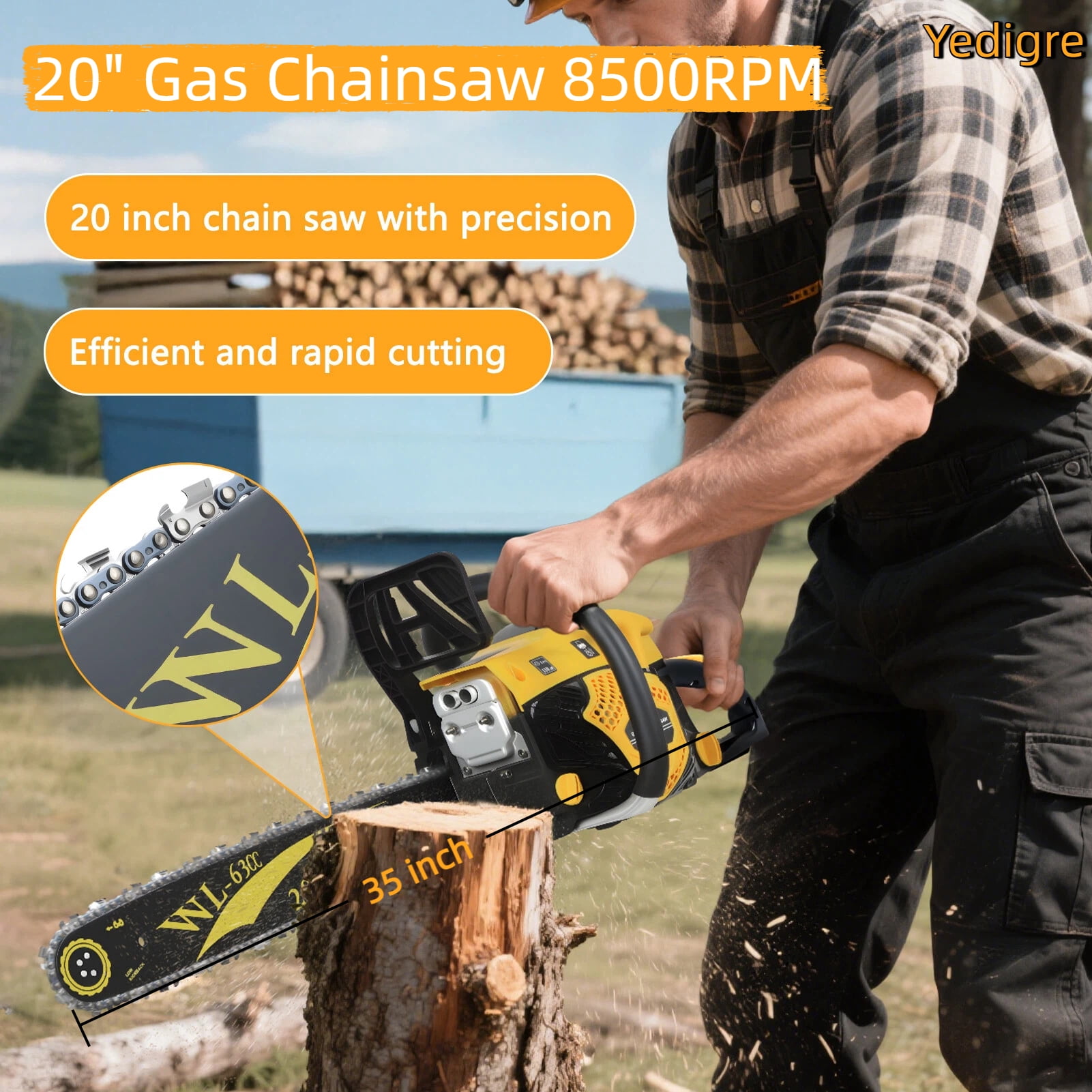 Yedigre 20" 63CC Gas Chainsaw – 8500RPM Chain Speed with Auto-Oiling, 2-Stroke for Fast Cutting