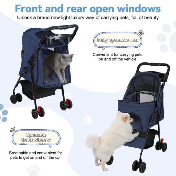 Yedigre 4-Wheel Foldable Pet Stroller for Small Dogs & Cats – Breathable Mesh Windows, Cup Holder & Storage Basket, Holds 22lbs