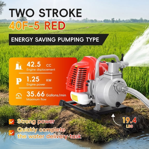 Yedigre 42.5cc Gas Water Pump, 1 Inch Semi Trash Pump 35.66 GPM, 98 ft Lift, Portable 2-Stroke for Irrigation and Pool