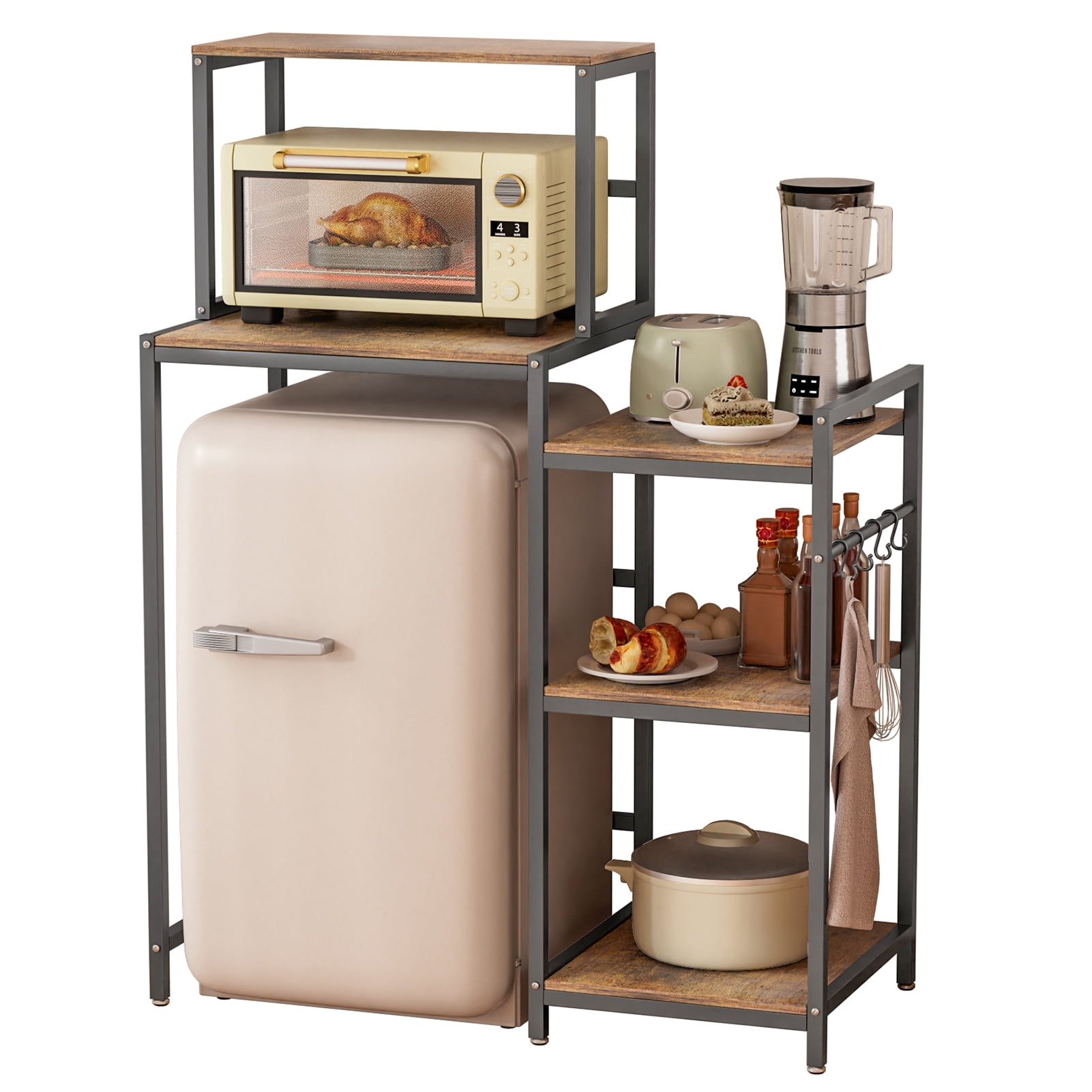 Yedigre 5-Tier Kitchen Storage Rack, Adjustable Heavy Duty Microwave Stand with Shelves for Mini Fridge, Carbon Steel Utility Cart for Dorm & Home