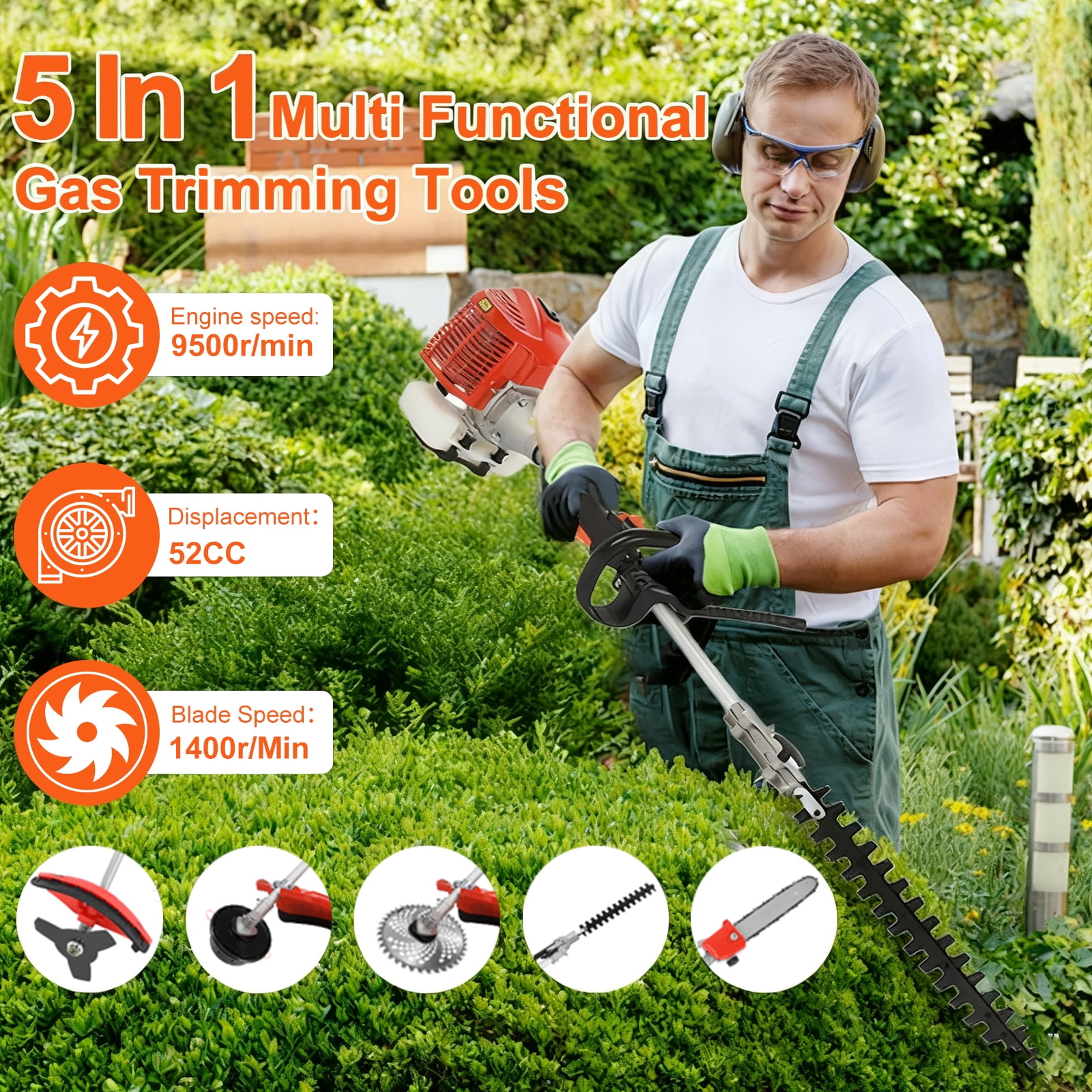 Yedigre 5-in-1 52cc Gas Trimming Tool - 2-Stroke Brush Cutter, Pole Saw, Hedge Trimmer, Weed Eater for Yard Care