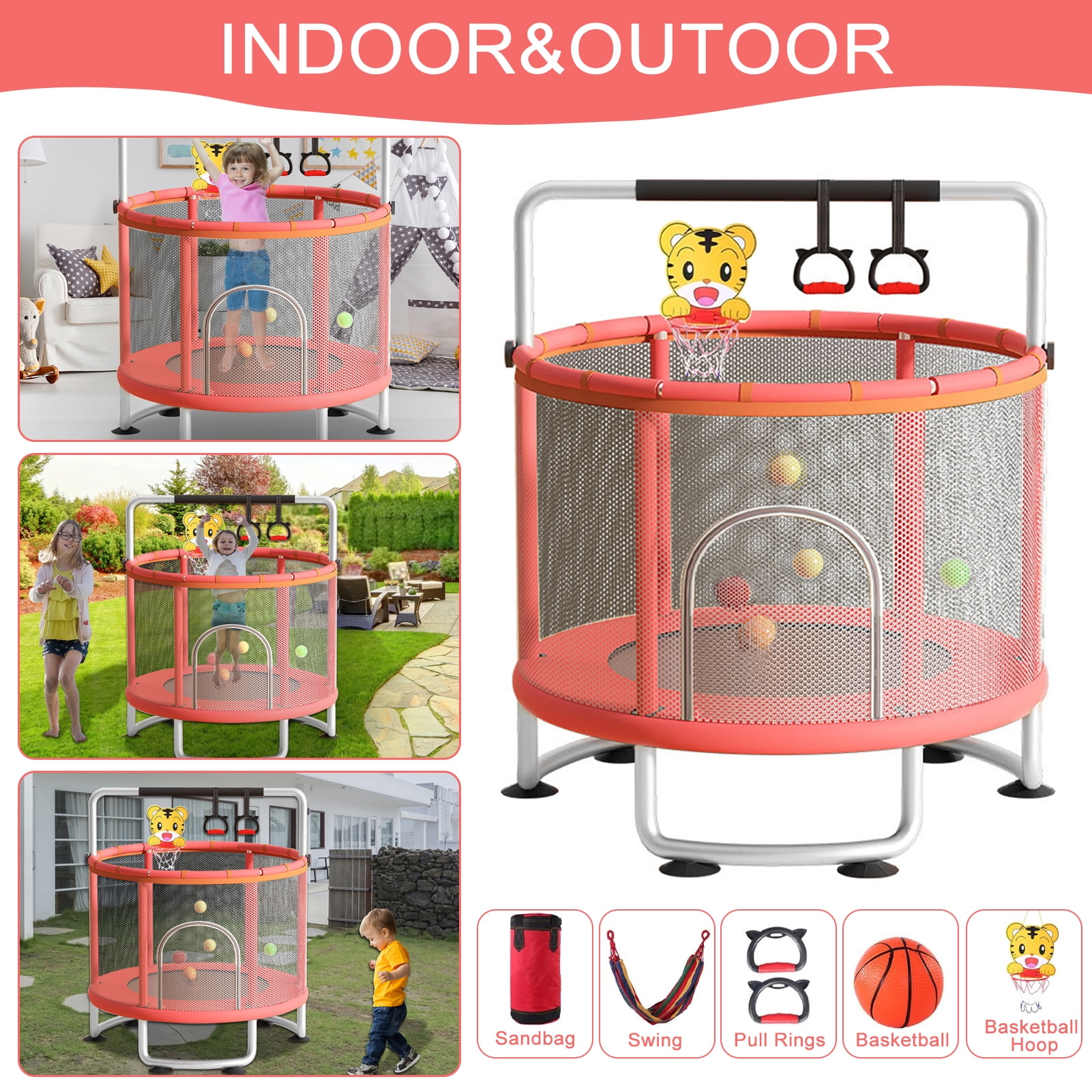 Yedigre 60 Inch Kids Trampoline with Enclosure Net & Gymnastics Bar – Indoor Trampoline for Ages 3-8 with Basketball Hoop, Swing & Sandbag