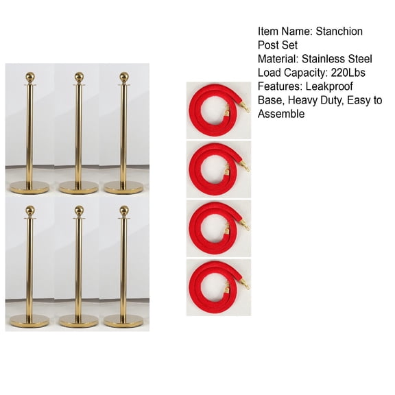 Yedigre 6Pcs Golden Stanchion Posts with 4 Red Velvet Ropes, Water/Sand/Concrete Fillable Base Crowd Control Barriers, Queue Management Safety Barriers Poles for Party, Prom, Wedding