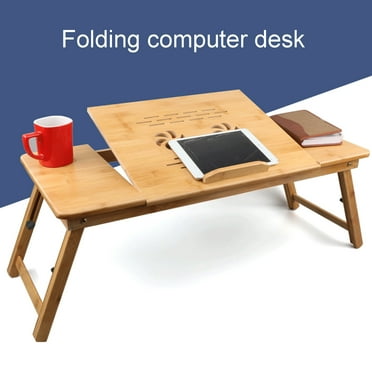 Yedigre Adjustable Bamboo Laptop Desk with Fan, Cooling Effect Tilting Top Drawer, Foldable Bed Table Portable Breakfast Serving Tray