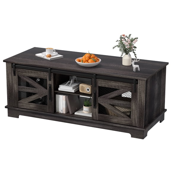 Yedigre Coffee Table, Barn Style Coffee Table with Storage, Center Table with Mesh Barn Door and Adjustable Shelf, Living Room Table, Dark Brown