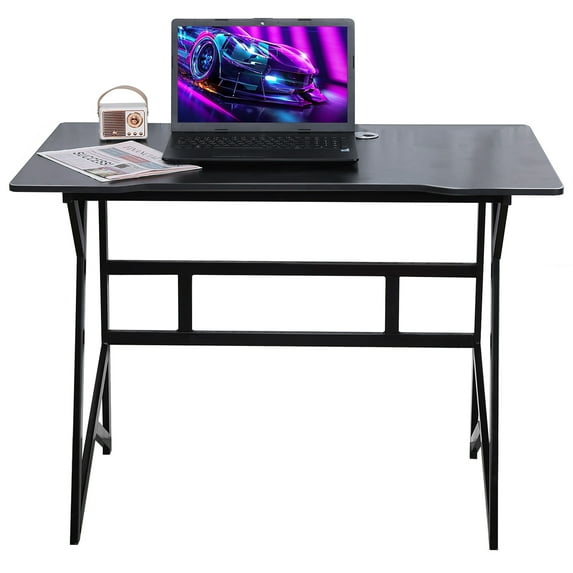 Yedigre Gaming Desk with K-shaped Steel Legs, Modern Black Laptop Computer Desk with Cable Management Hole, Heavy Duty Metal Small Space Study Room Corner Table for Home Office
