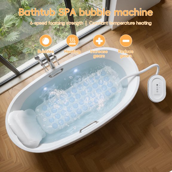 Yedigre Heated Spa Bubble Bath Mat Set – with Inflatable Pillow & Remote, 6-Speed Bubbles for Relaxation, Bathtub not included