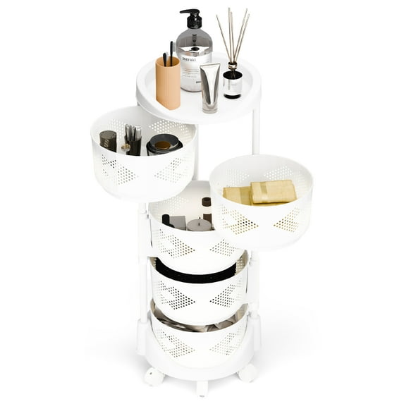 Yedigre Kitchen Storage Cart, 5 Tier Circular Rotating Basket, Large Storage Rack with 360 Degree Wheels, Fruit Vegetable Shelf, Rotatable Basket for Kitchen Bathroom