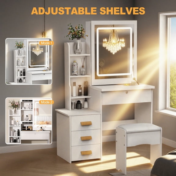 Yedigre LED Sliding Mirror Vanity Desk - Makeup Table with Hidden Storage & Organization Drawers
