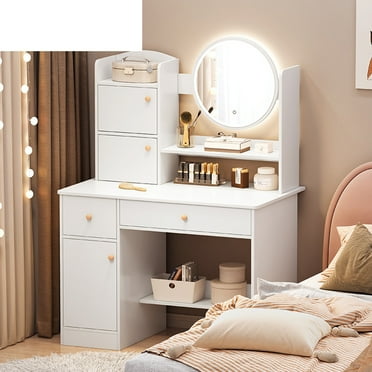 Yedigre Makeup Vanity Desk with LED Lighted Mirror, Vanity Table Bedroom Dressing Table with 4 Drawers + 1 Door + Opening Shelves