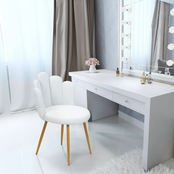 Yedigre Vanity Chair for Makeup Room, Makeup Vanity Chair with Petal Shape, Nordic Style Velvet Chair with Back Support, Golden Legs for Living Room Bedroom, Pink & White