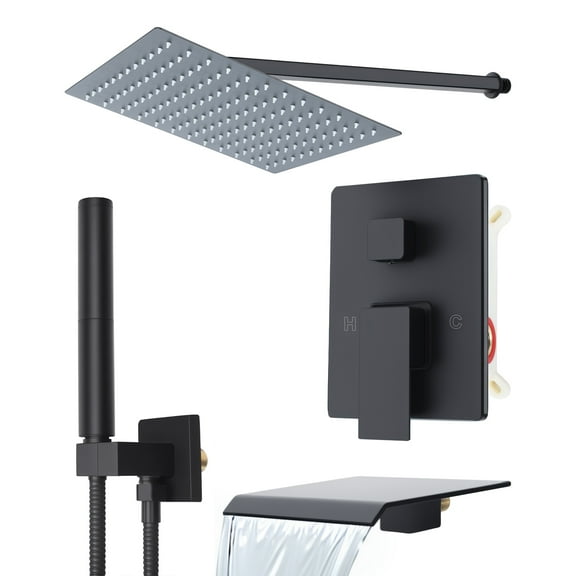 Yedigre Wall Mounted Rain Shower Faucet System Set with Handheld Rotary Sprayer Head, Changeable Flow Setting Brass Rough-in Valve 12 Inch Large Shower Head Shower Panel Tower System