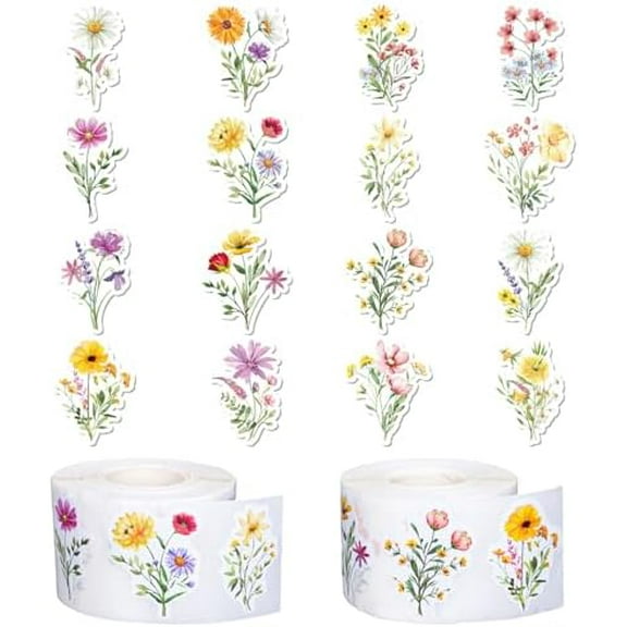 Yedobee 1000Pcs Wildflower Stickers Colorful Floral Paper Decals Flower Bouquet Self-Adhesive Waterproof Stickers for Envelope Scrapbook Spring Party Decor, 2 Rolls
