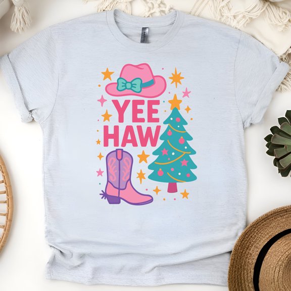 Yee Haw Shirt | Western Cowboy Boot and Hat Graphic Tee | Unisex Casual T-Shirt, Ash, Size M