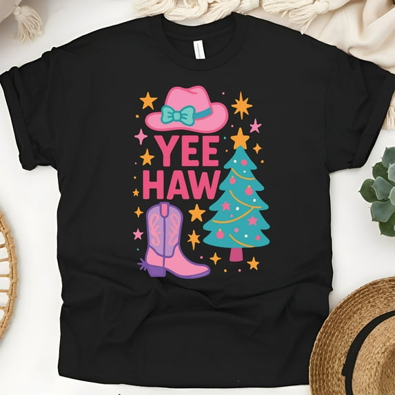 Yee Haw Shirt | Western Cowboy Boot and Hat Graphic Tee | Unisex Casual T-Shirt, Black, Size 3XL