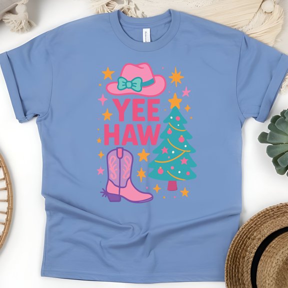 Yee Haw Shirt | Western Cowboy Boot and Hat Graphic Tee | Unisex Casual T-Shirt, CarolinaBlue, Size 2XL